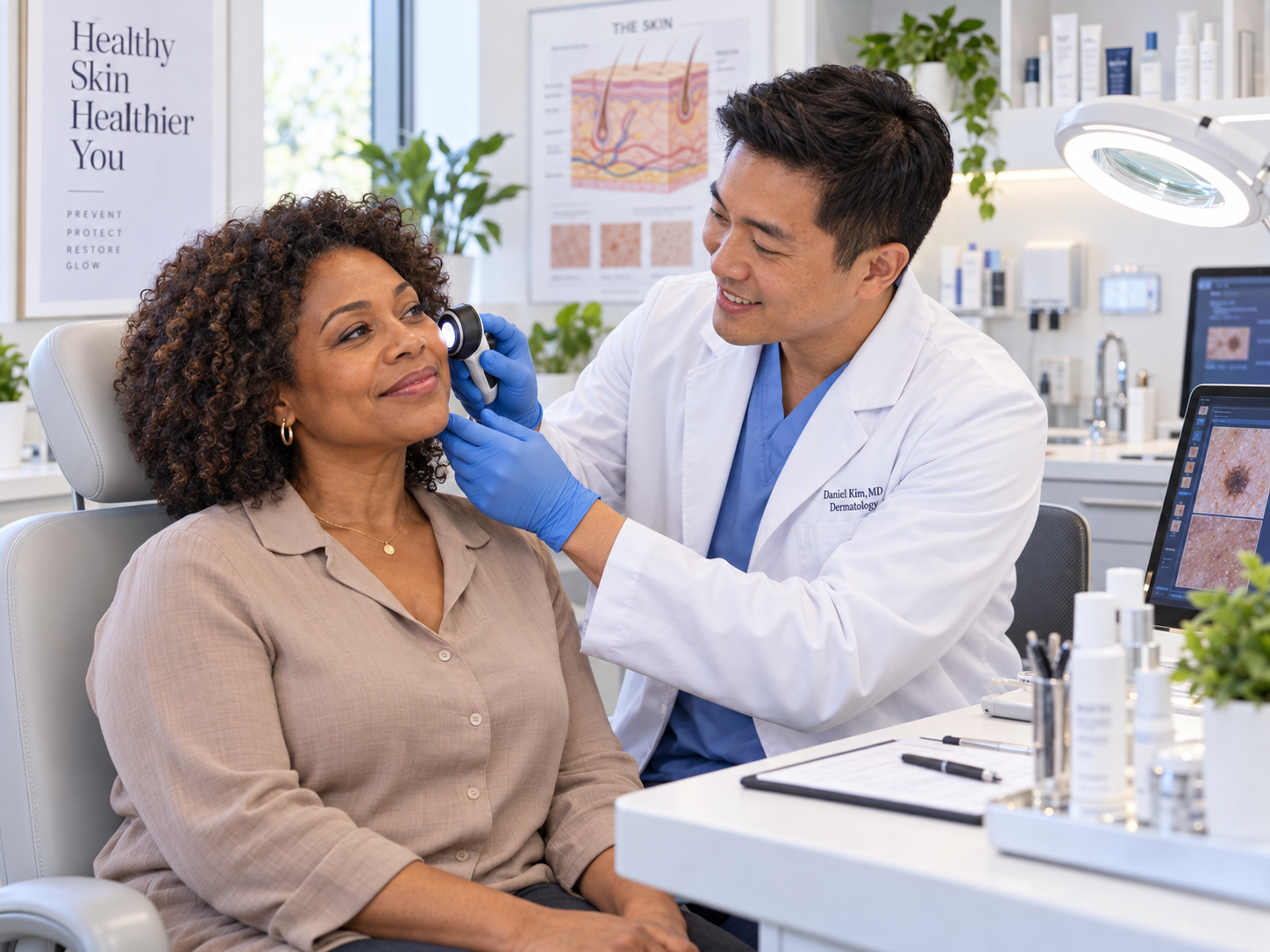 Consultorio de dermatología con equipo de dermatoscopía