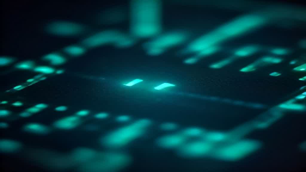 Primer plano de un circuito electrÃ³nico con trazos iluminados en cian