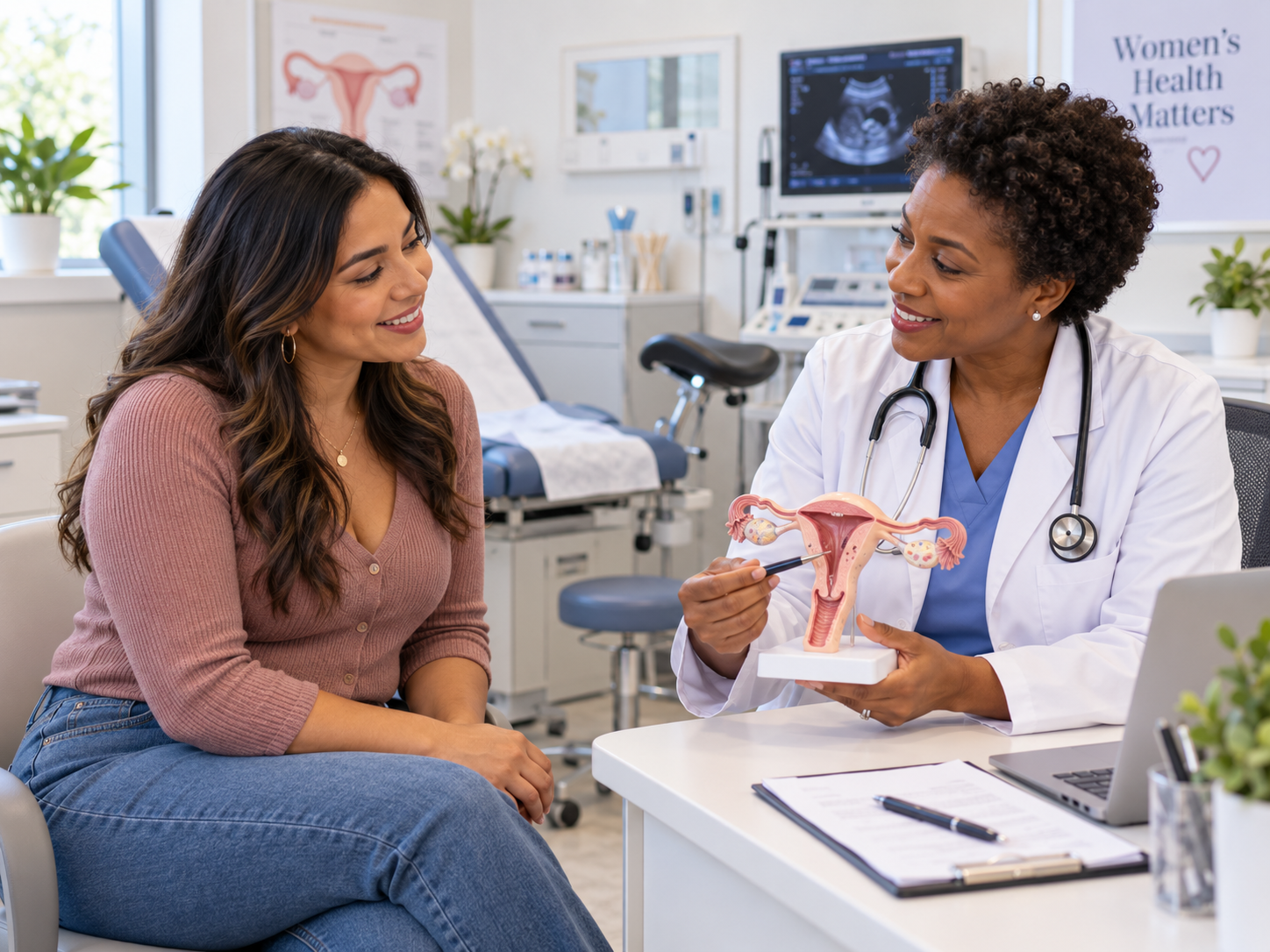 Consultorio de ginecología preparado para un control prenatal